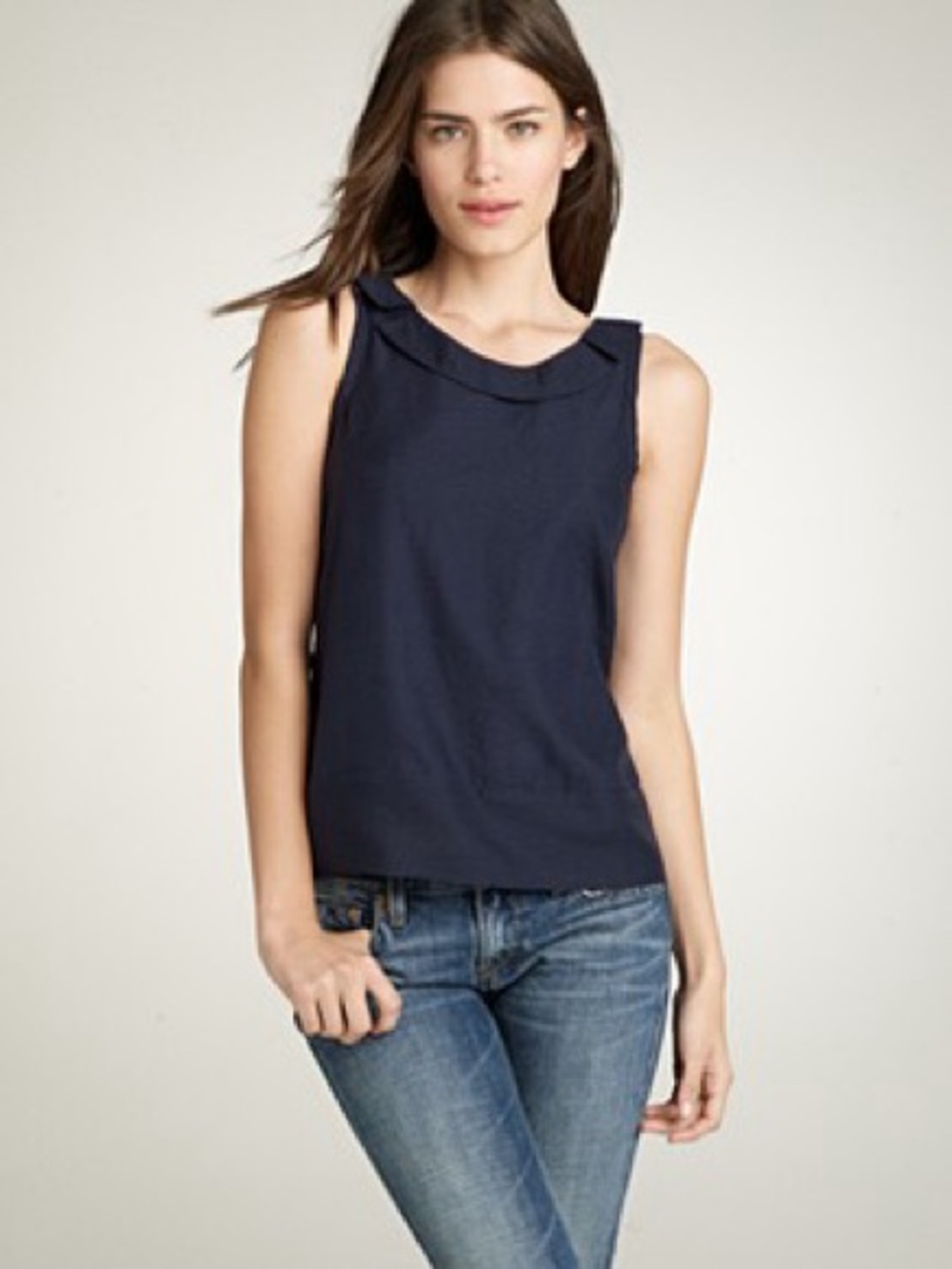 J. Crew Navy Textured Sleeveless Shell with Rounded Collar